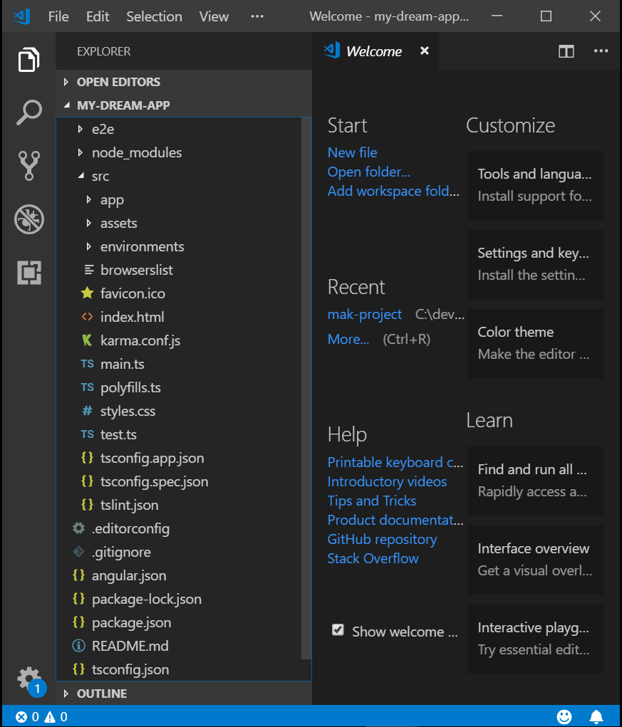 Angular project file structure showed in Visual Studio Code editor