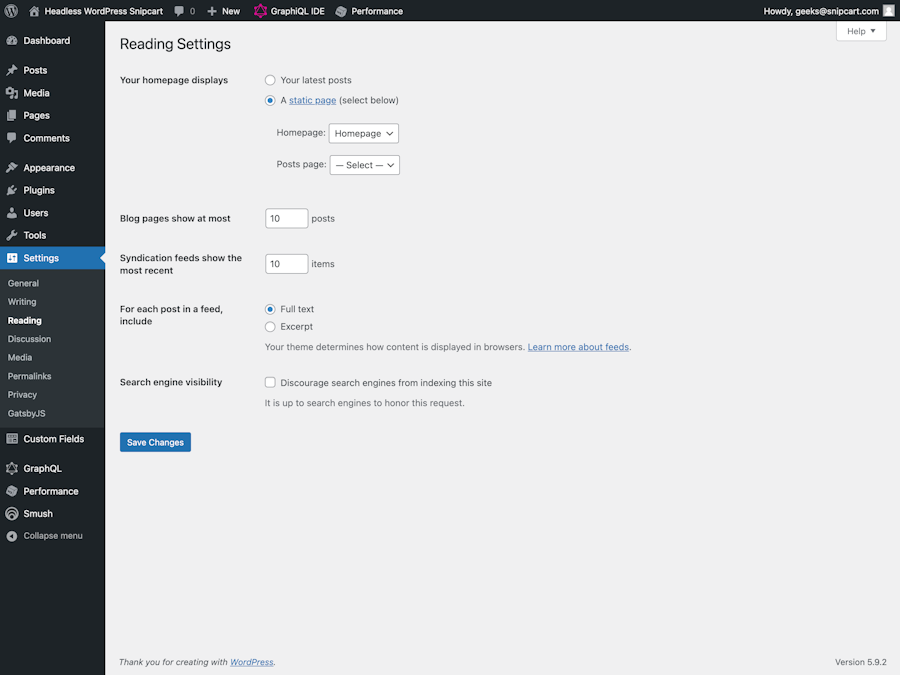 Configuring the reading setting in WordPress for headless use