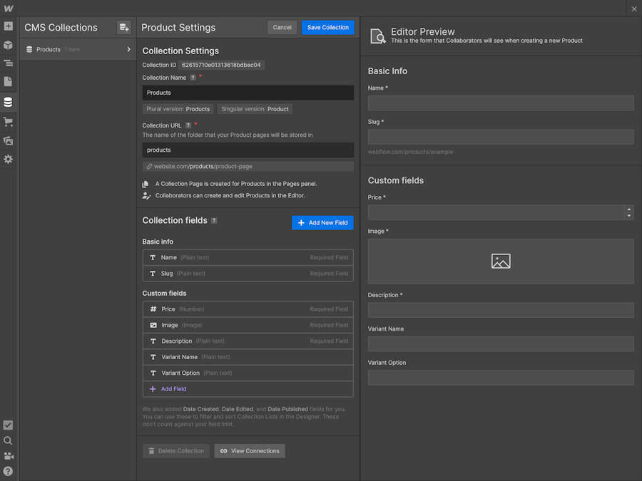 Creating a product collection with custom fields in Webflow