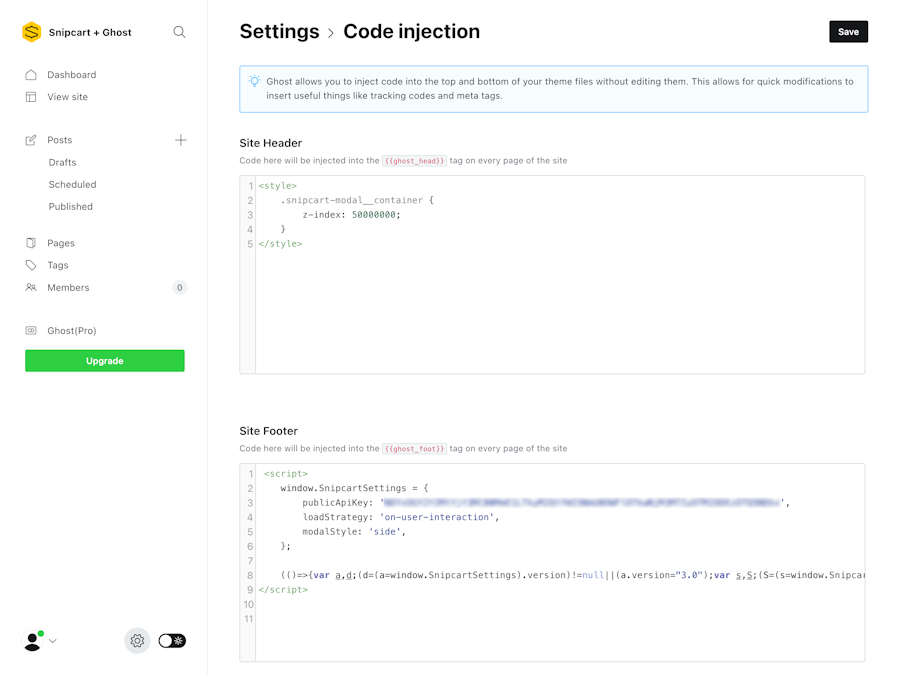 Adding Snipcart's installation script in the code injection setting in the Ghost admin dashboard