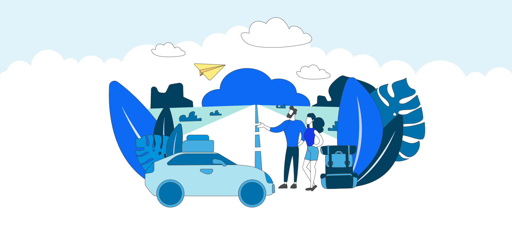 Grafik, die zwei Menschen und ein Auto am Anfang einer Straße zeigt, die in die Cloud führt.
