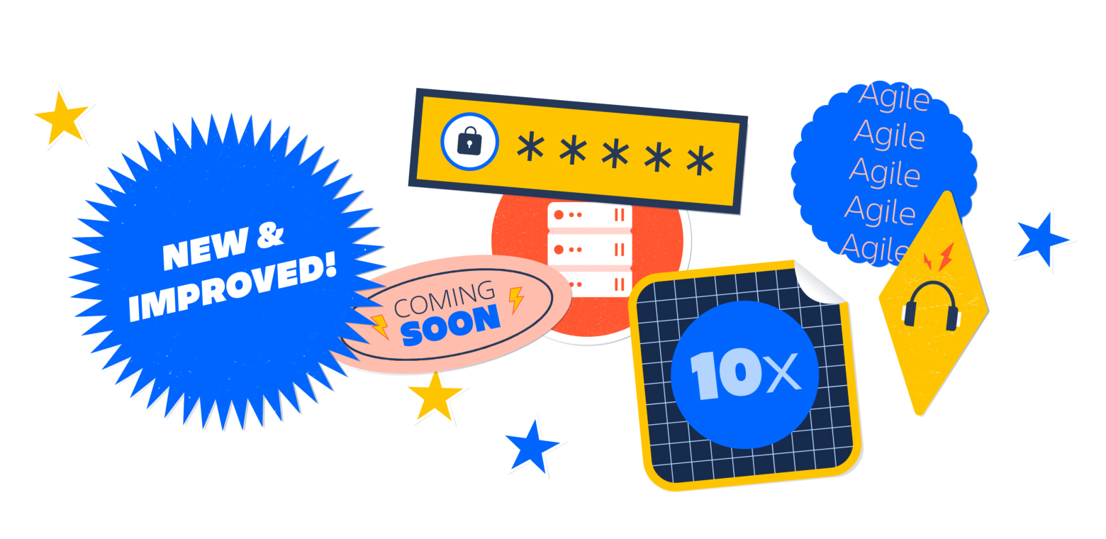 verschiedene kleine Grafike, u.a. Agile, New & Improved, 10x, Coming soon.