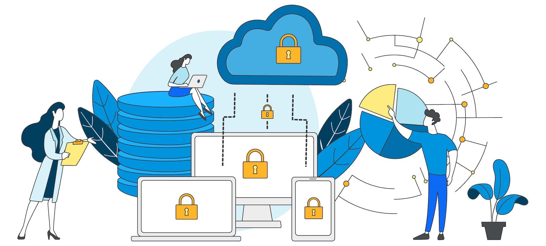 Grafik, auf der Menschen vor technischen Geräten und der Cloud stehen, die alle durch ein geschlossenes Schloss gesichert sind.