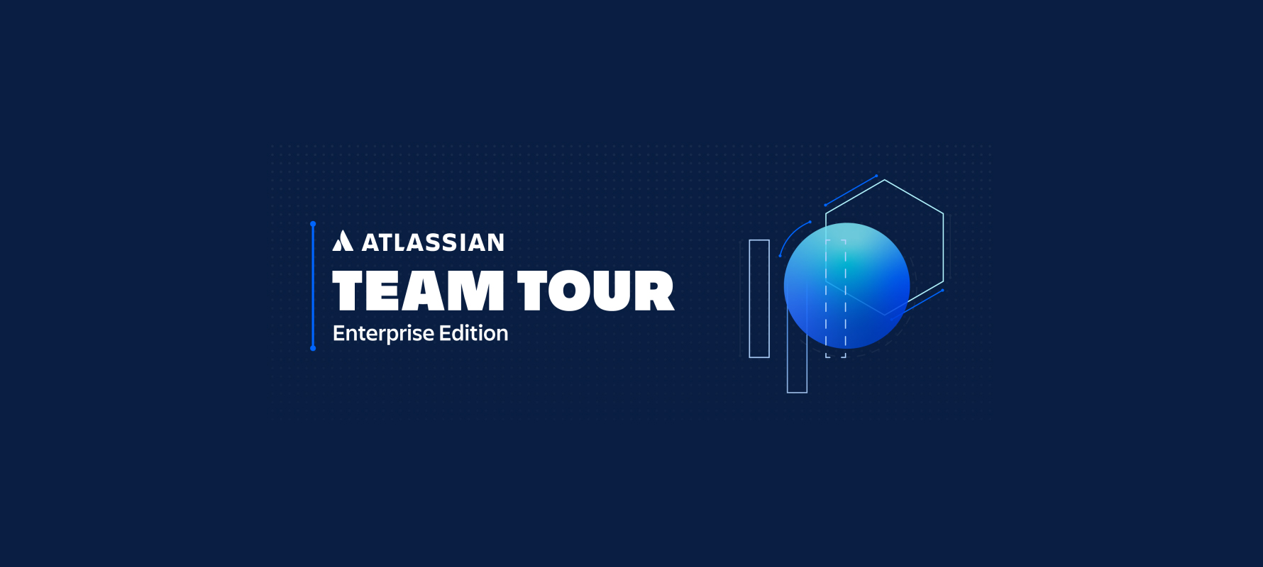 Werbebanner der Atlassian Team Tour März 2020, einfache Symbole auf dunkelblauem Hintergrund.