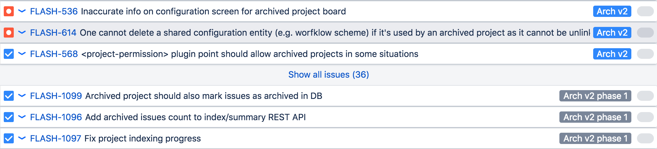 Screenshot einiger Issues in Jira 8.0