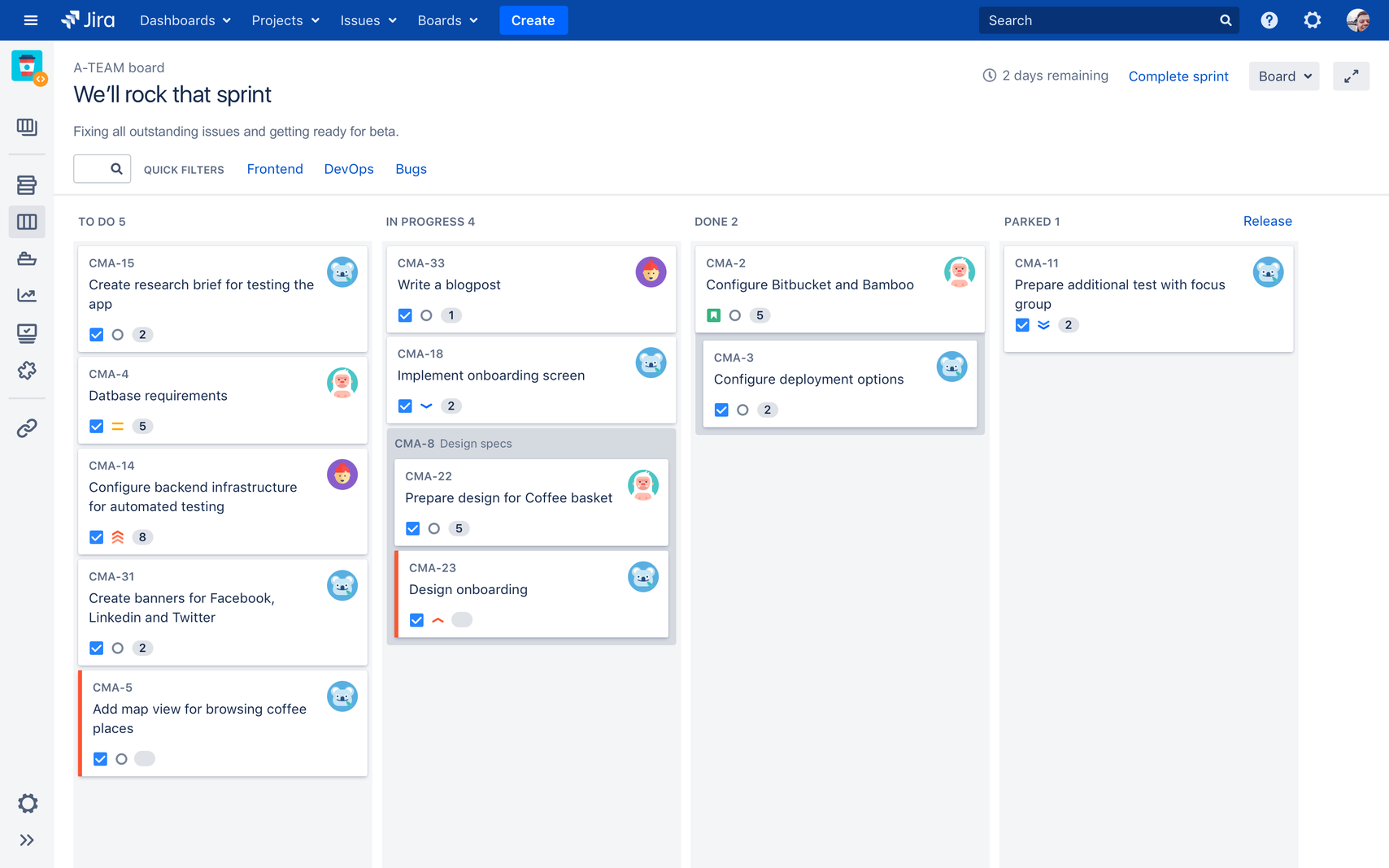 Screenshot eines Kanban-Boards in Jira. 