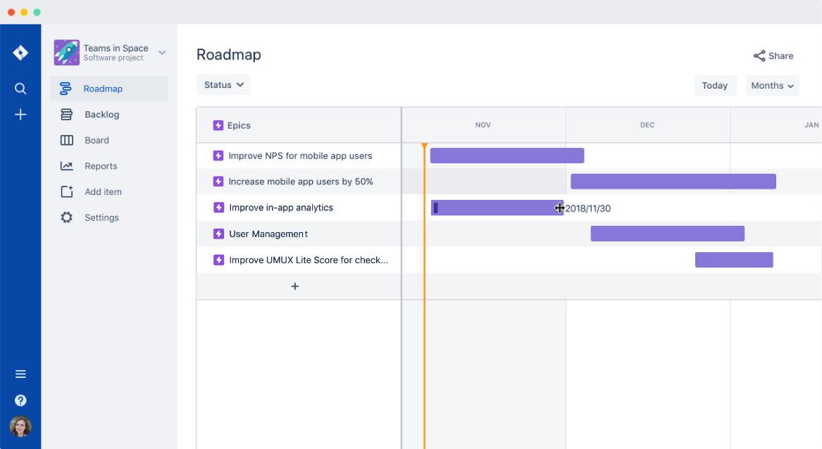 Screenshot einer Roadmap in Jira Software Cloud.