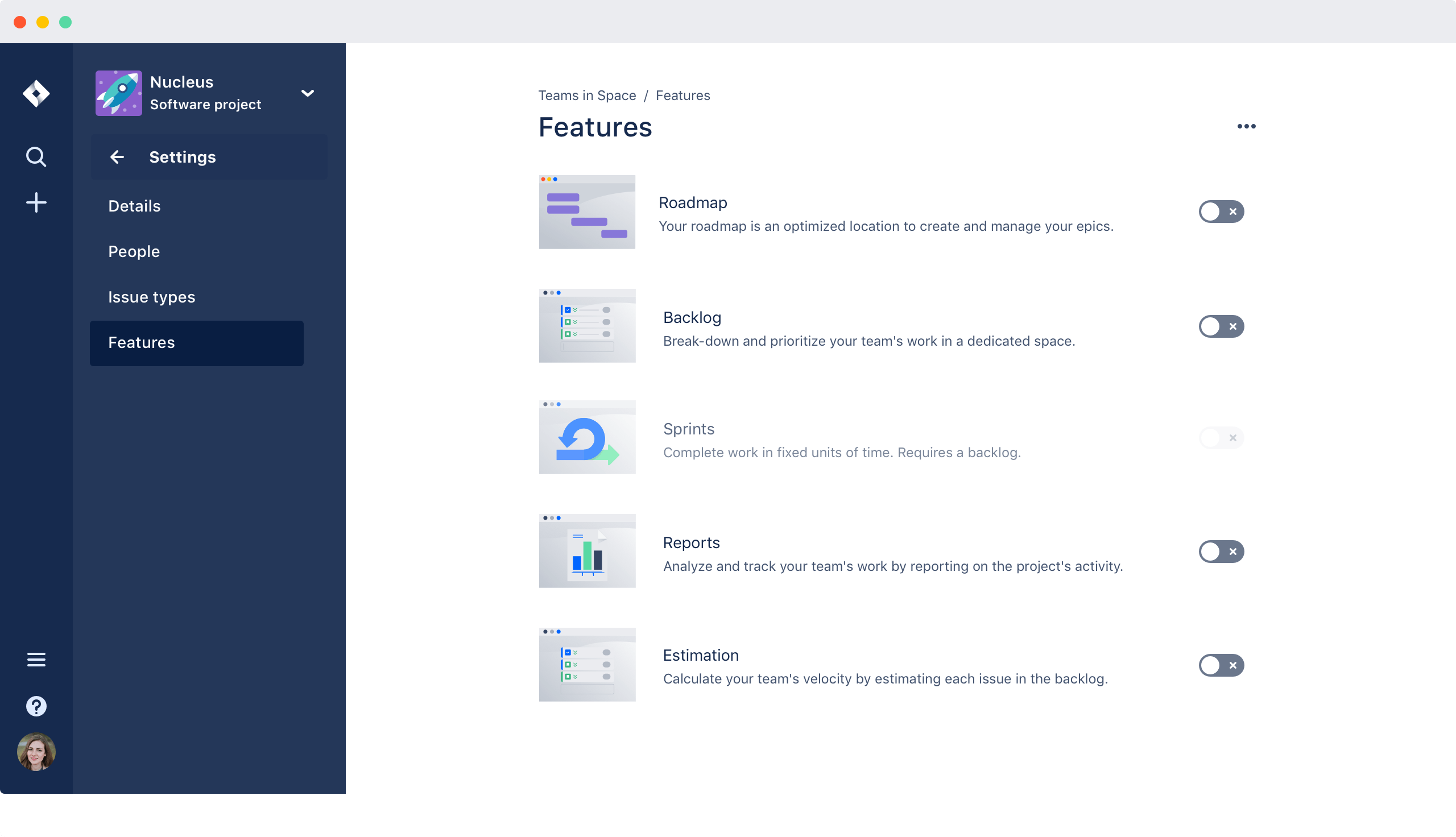 Screenshot der leicht anwählbaren agilen Features Roadmap, Backlog, Sprints, Reports und Estimations in Jira Software Cloud.