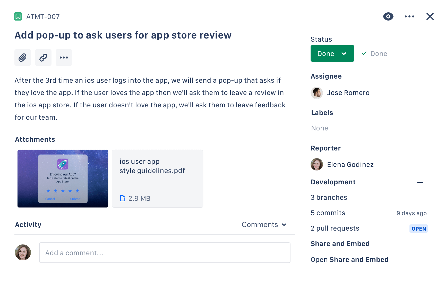 Screenshot der Ticketmaske in Jira Software Cloud.