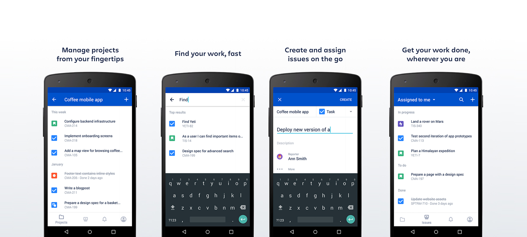 Atlassian-Werbebild der Jira-Server-App: 4 Handy-Mockups, auf denen die einfache Handhabung gezeigt wird.