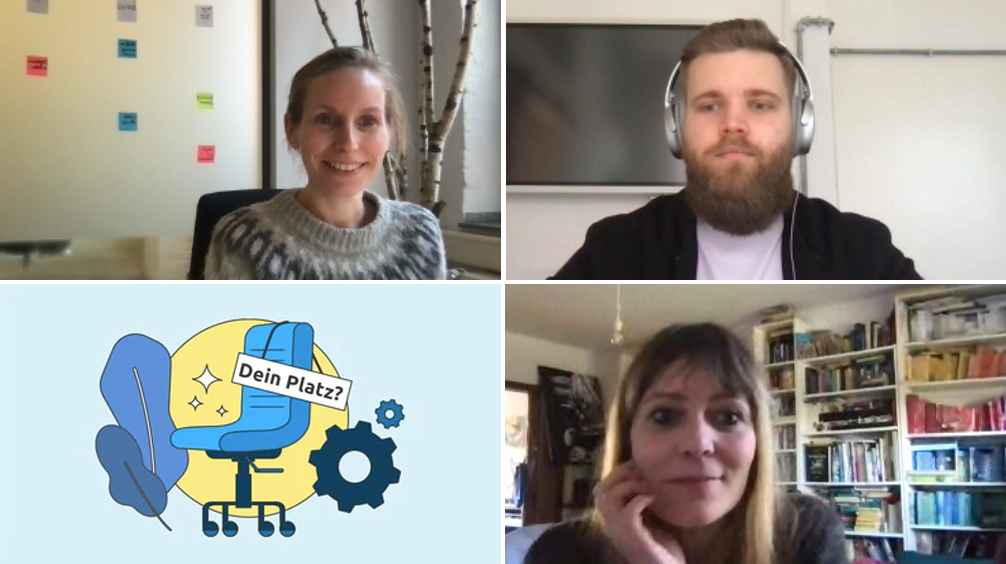 brainbits Team Molly, bestehend aus Anneke Fricke, Tim Mittermüller und Bylle Bauer, daneben eine Grafik von einem leeren Schreibtischstuhl, auf dem "Dein Platz" steht.
