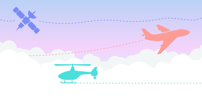 Grafik: Ein Satellit, ein Flugzeug und ein Hubschrauber befinden sich auf untershciedlichen Höhen an einem pink gefärbten Himmel mit fluffigen Wolken.