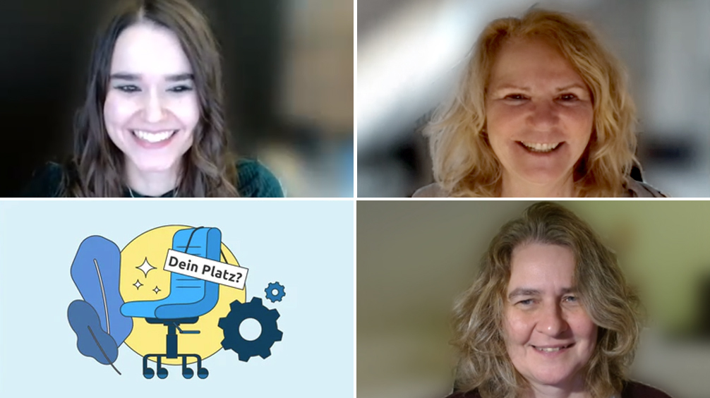 brainbits Team Hudson: Isabelle Gerhards, Regina Pischke und Regine Langen, daneben eine Grafik mit freiem Schreibtischstuhl, darauf der Text "Dein Platz".