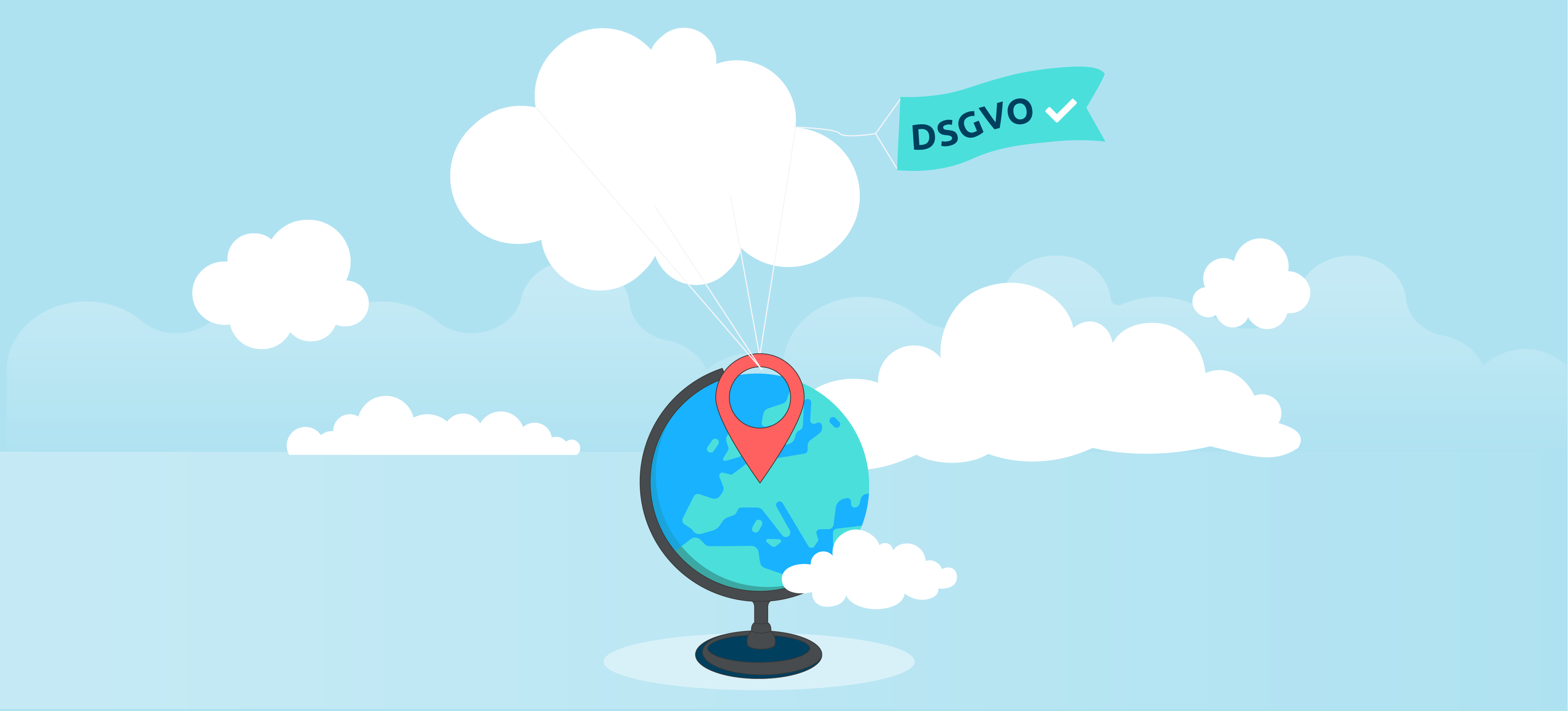 Grafik: Blauer Himmel mit Wolken, davor ein Globus mit Standortzeichen und dem Schild DSGVO.