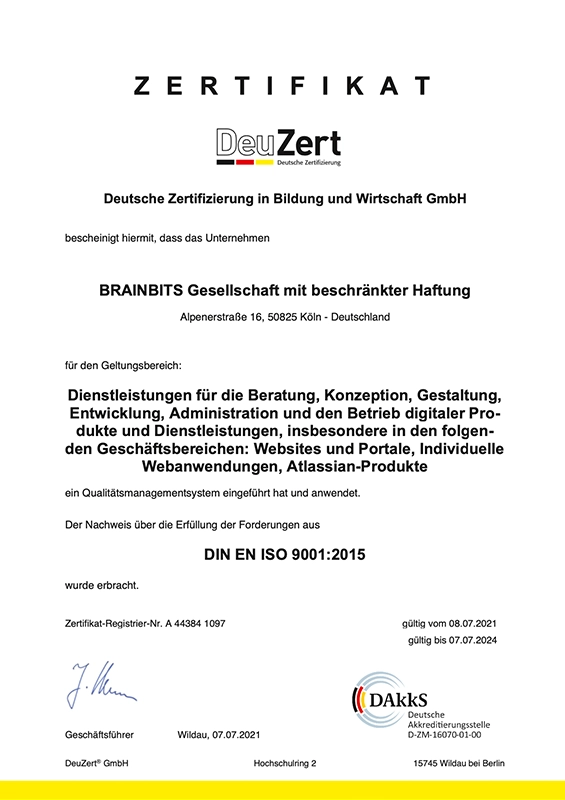 Screenshot eines DeuZert ISO 9901 Zertifikats für brainbits