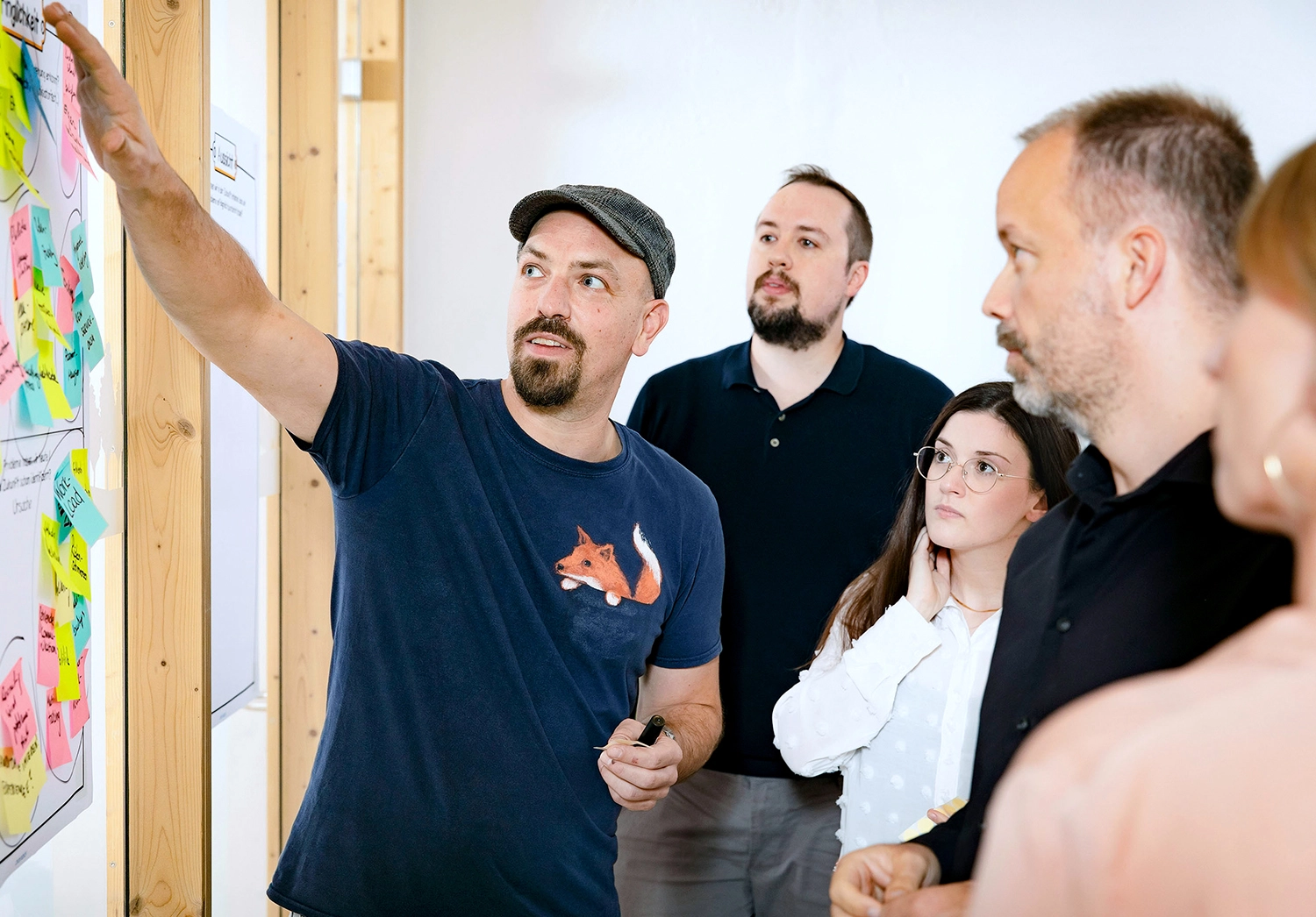 Agile Coach Marian Bosse zeigt vier Teilnehmenden etwas an einem Plakat mit Post-Its.