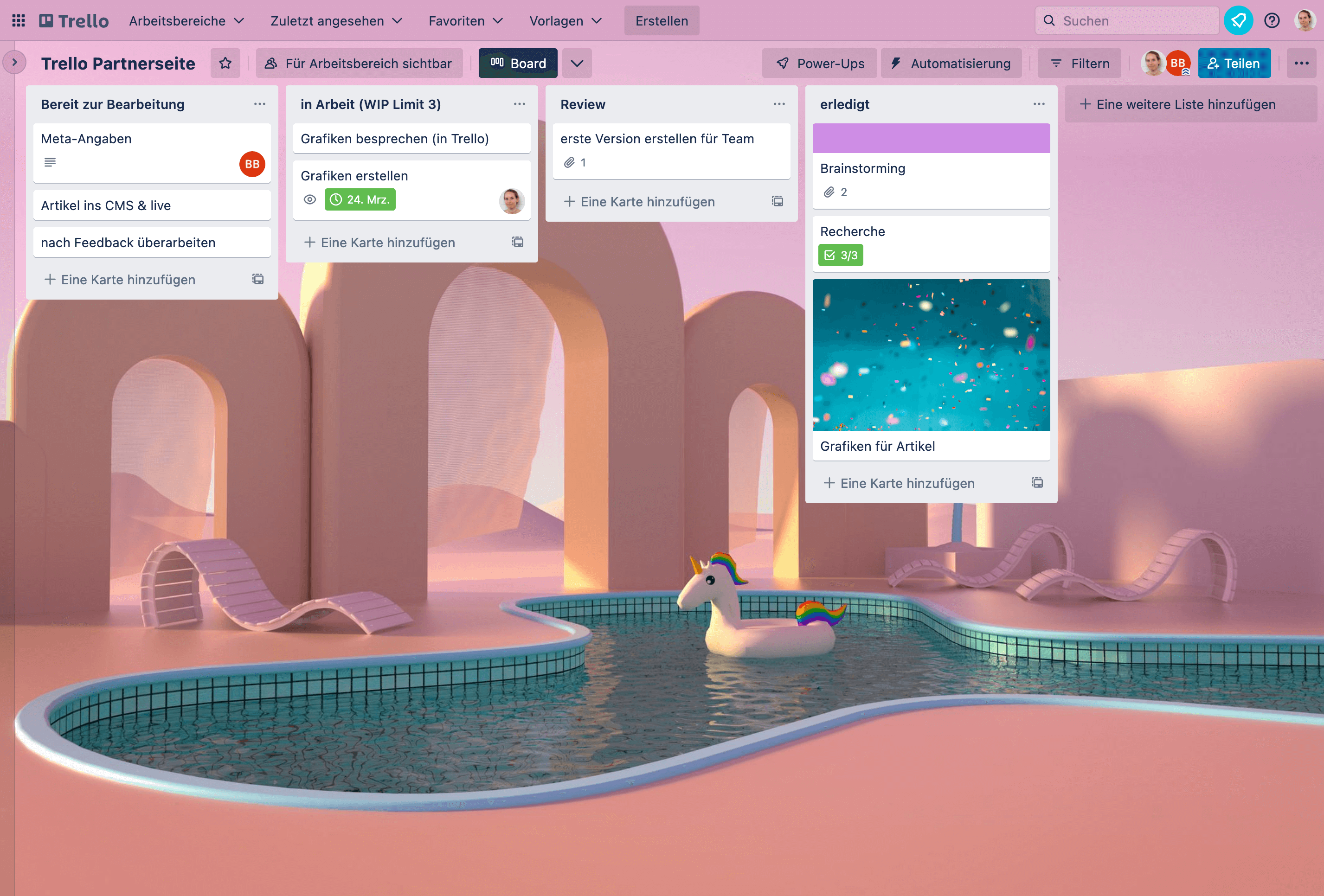 Screenshot aus dem Tool Trello, das ein paar Listen und Boards zeigt.