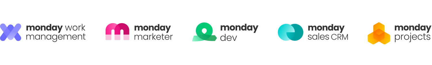 Balken mit verschiedenen monday.com Produktlogos: monday work management, monday marketer, monday dev, monday sales CRM und monday projects.