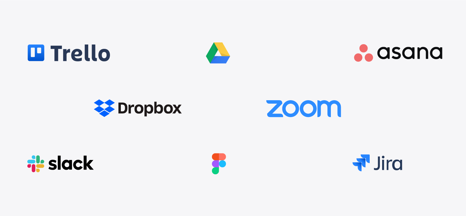 Grafik: Verschiedene Logos mit Schriftzug von in Miro integrierbaren Apps auf einem weißen Hintergrund: Trello, Dropbox, Zoom, Google Drive, Asana, slack, Figma und Jira.
