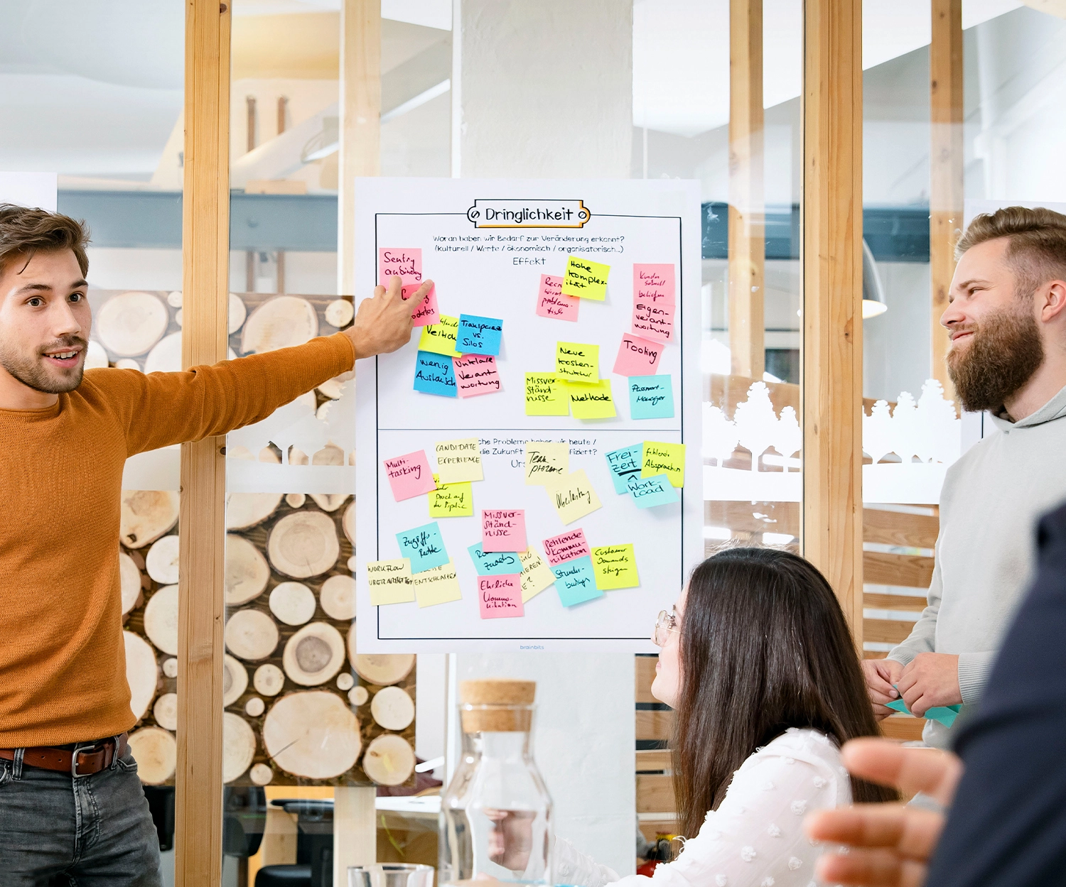 Drei Personen in einem Konferenzraum, in der Mitte ein Poster mit Post-Its drauf. Der Mann links deutet darauf. Der Mann rechts lächelt. Die Frau unten schaut.