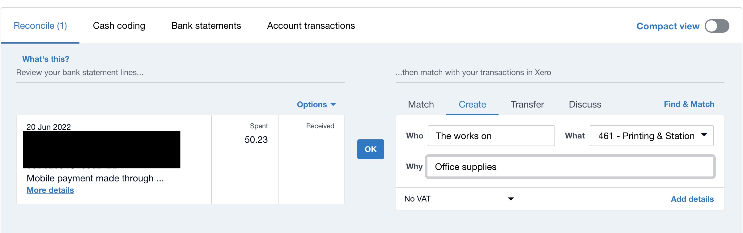 Reconciling spent money transaction