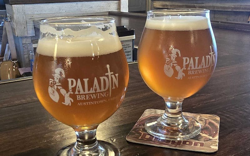 2 glasses of raspberry wheat beer with paladin brewing logo