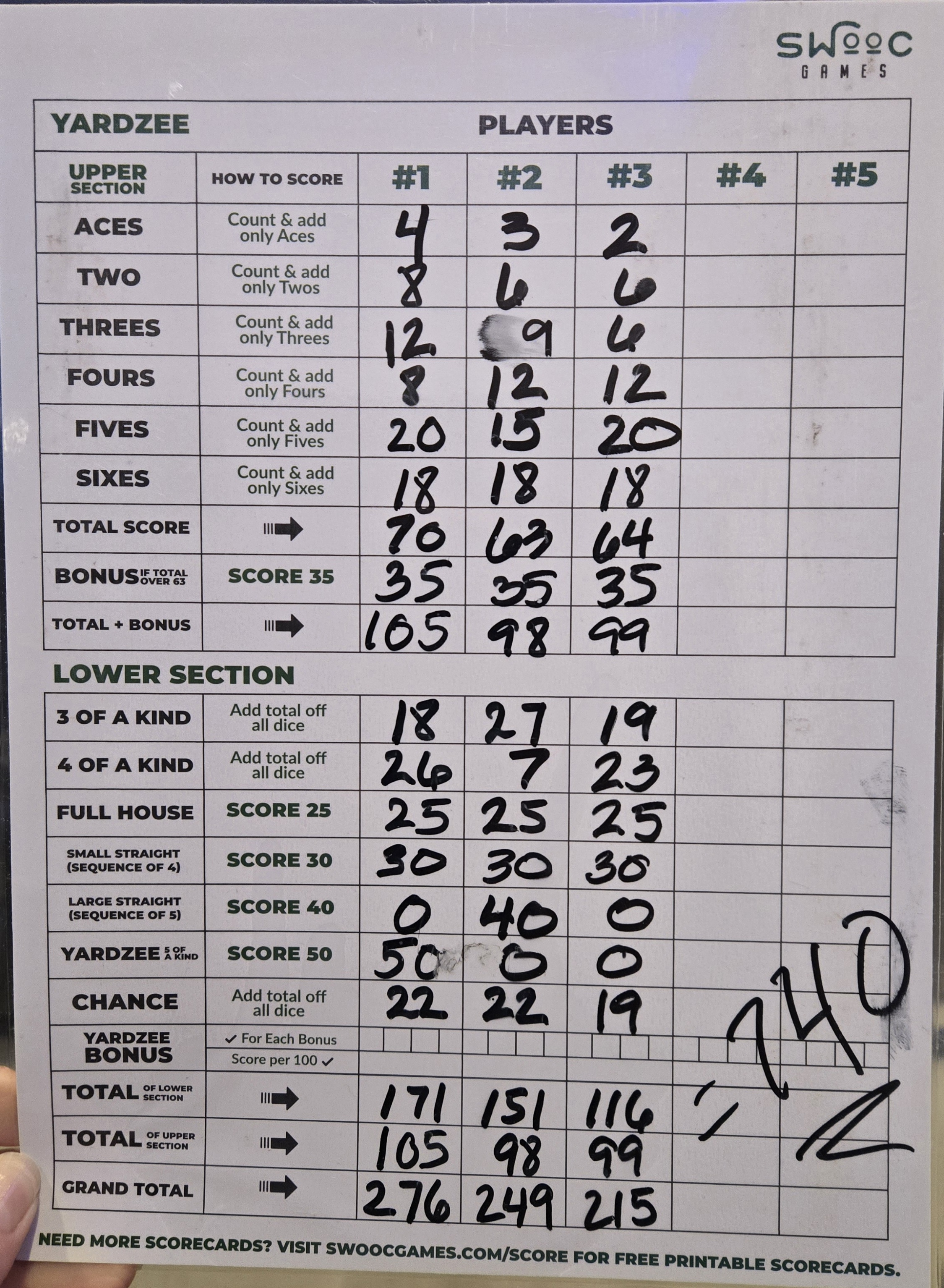 My Yahtzee card with a score of 740