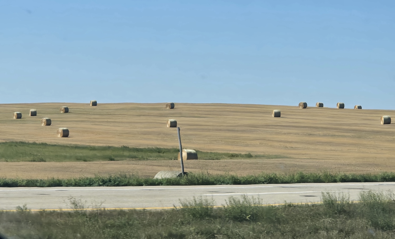 field full of hay bales along the side of a highway