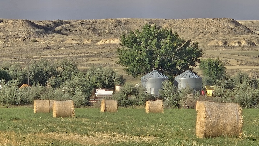 a field of hay bales with rocky hills in the background and a cloudy sky