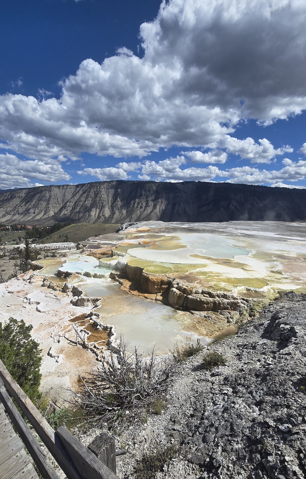Mammoth Hot Springs with teal and amber pools of water and steam rising mountains with blue sky and fluffy clouds in background
