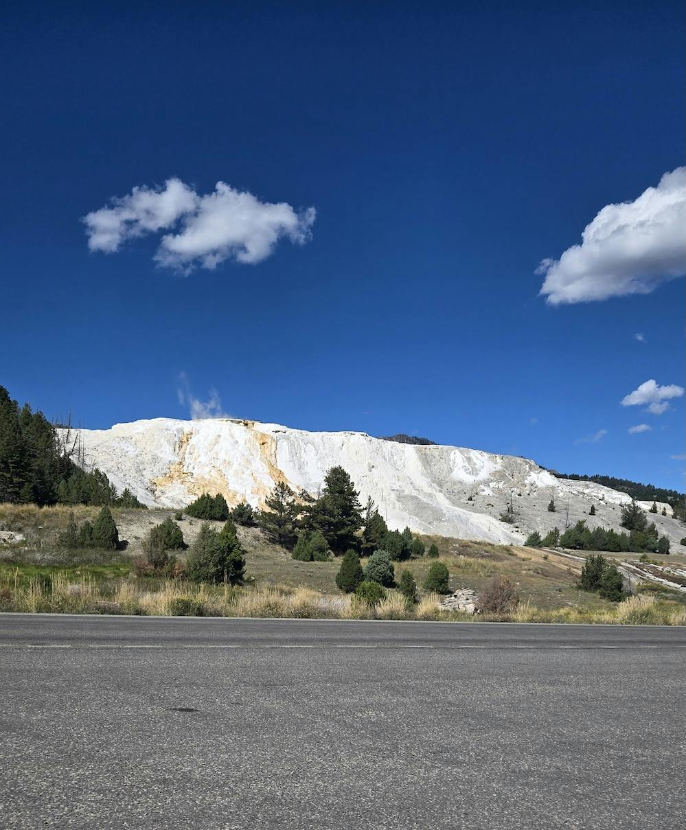 Mammoth Hot Springs white colored mountain taken from parking lot