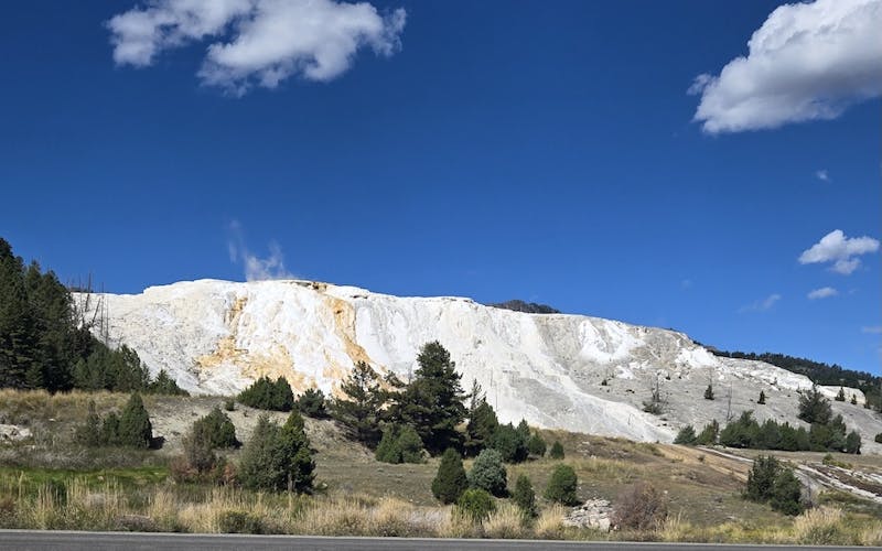 Mammoth Hot Springs white colored mountain taken from parking lot