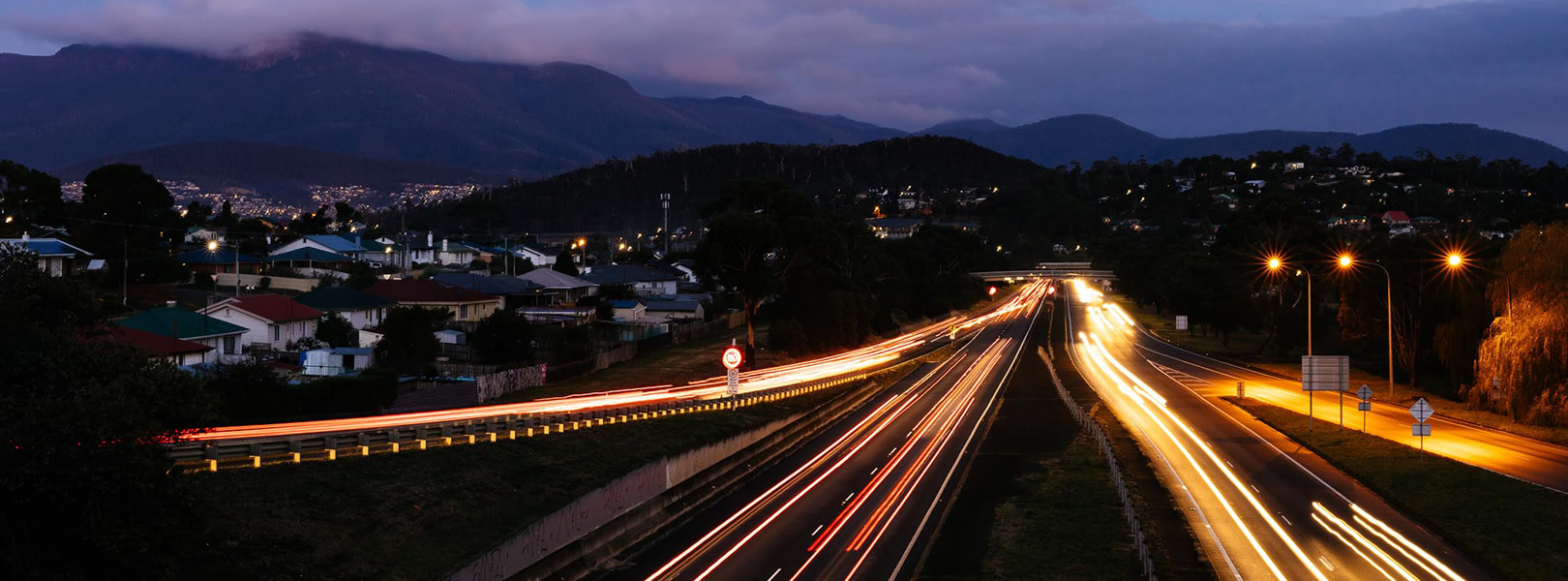 Time-lapse photo of the Tasman Highway at night time