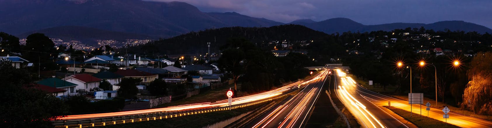Time-lapse photo of the Tasman Highway at night time