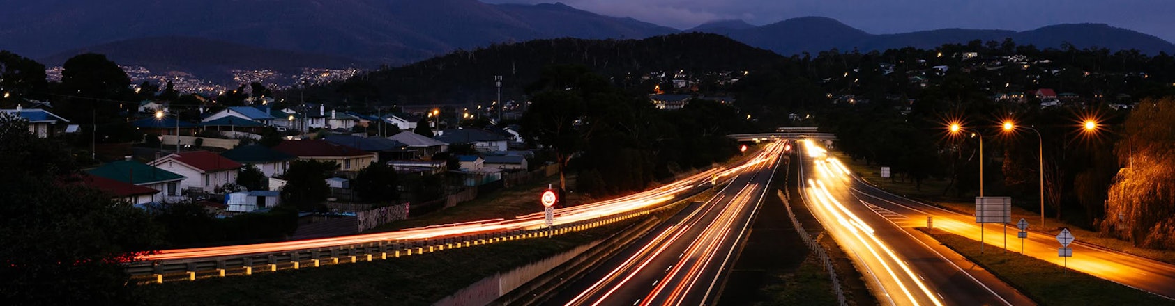 Time-lapse photo of the Tasman Highway at night time