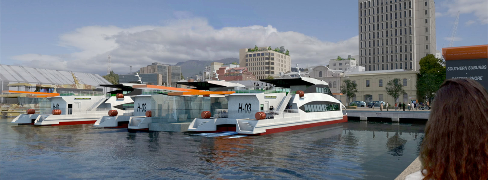 Rendered image of passenger ferries docked at Hobart waterfront