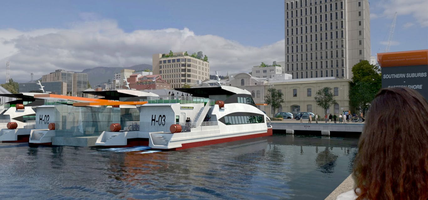 Rendered image of passenger ferries docked at Hobart waterfront
