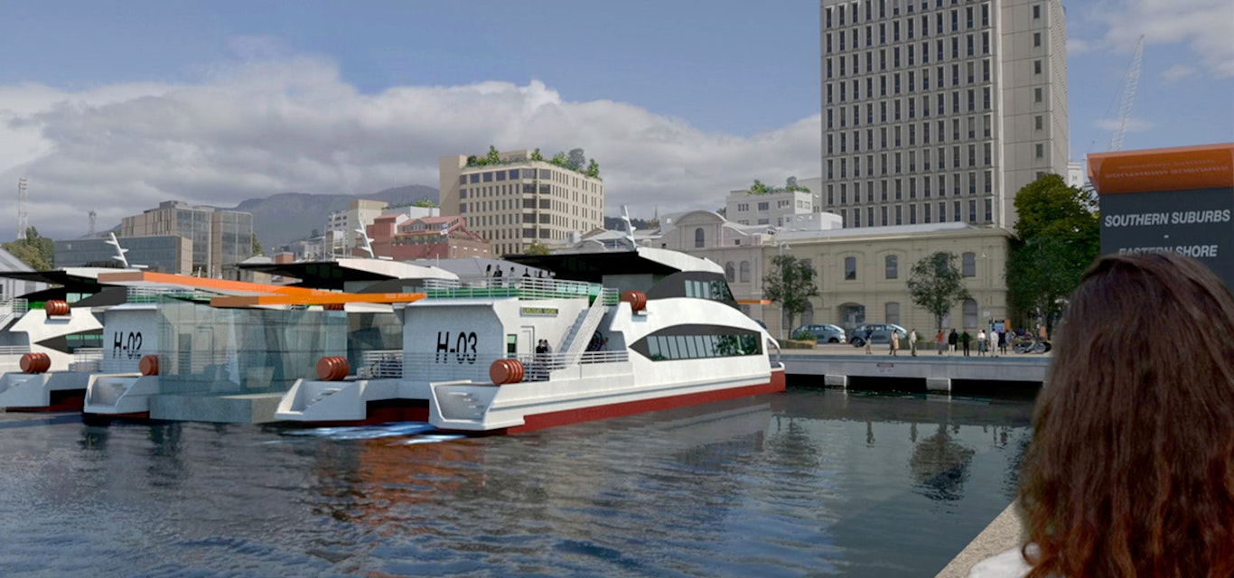 Rendered image of passenger ferries docked at Hobart waterfront