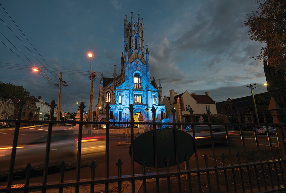 Chalmers Church in Launceston lit up at night
