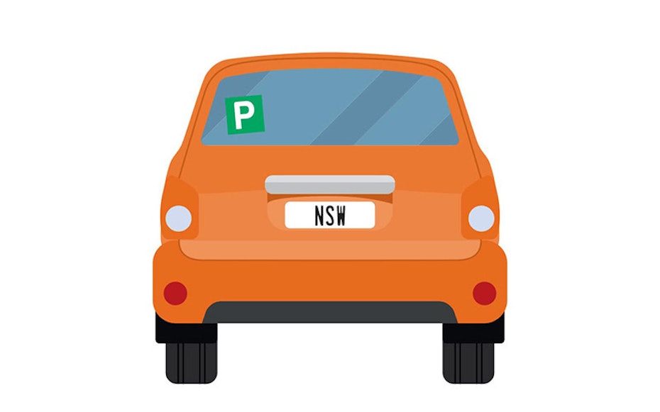 Vector image of little orange car with NSW number plates and a P plate up on the back window.