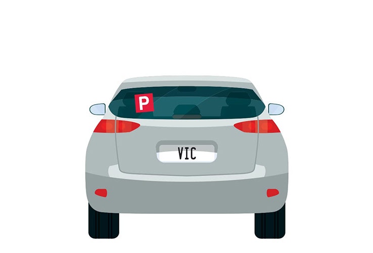 Vector image of little grey car with VIC number plates and a P plate up on the back window.