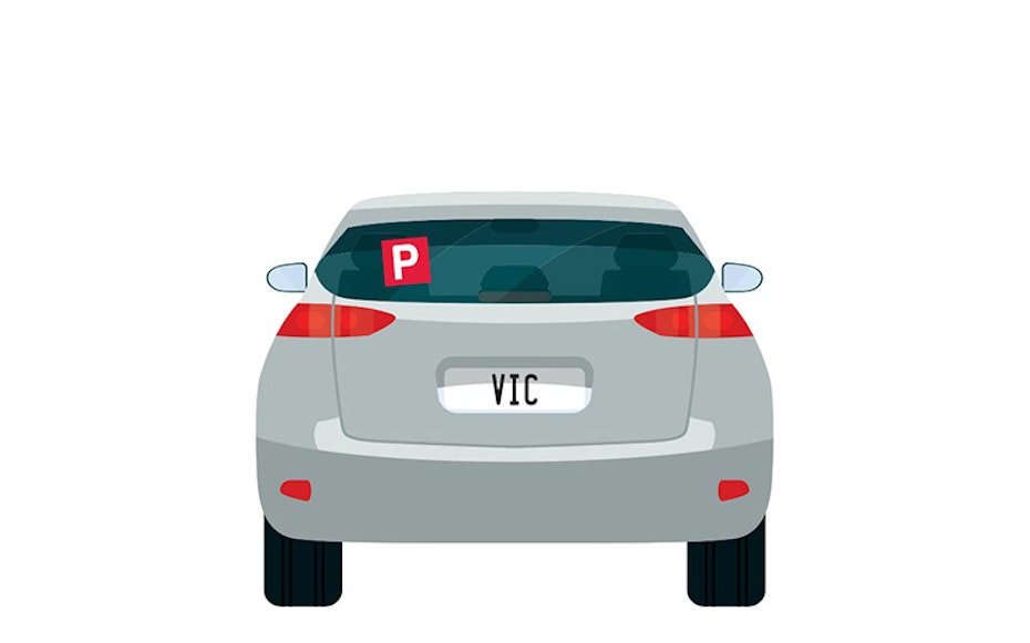 Vector image of little grey car with VIC number plates and a P plate up on the back window.