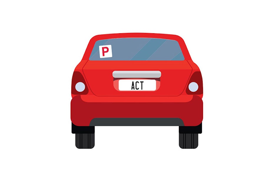 Vector image of little red car with ACT number plates and a P plate up on the back window.