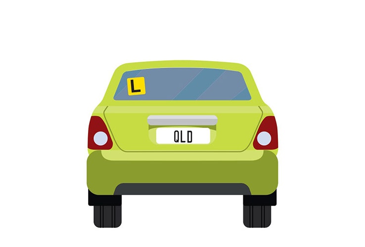 Vector image of little green car with QLD number plates and an L plate up on the back window.