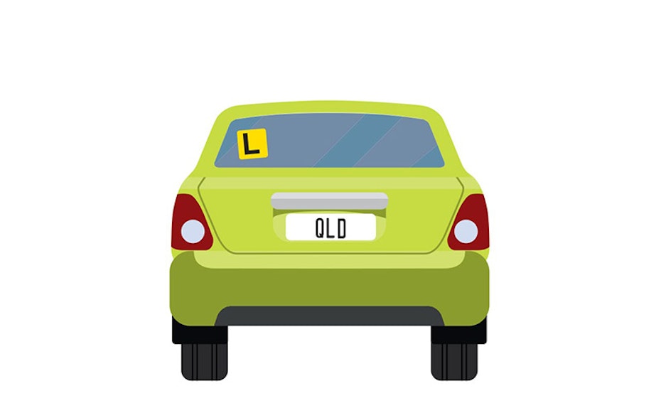 Vector image of little green car with QLD number plates and an L plate up on the back window.