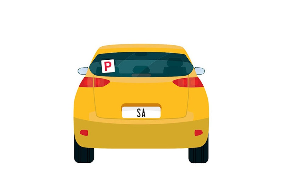 Vector image of little yellow car with SA number plates and a P plate up on the back window.