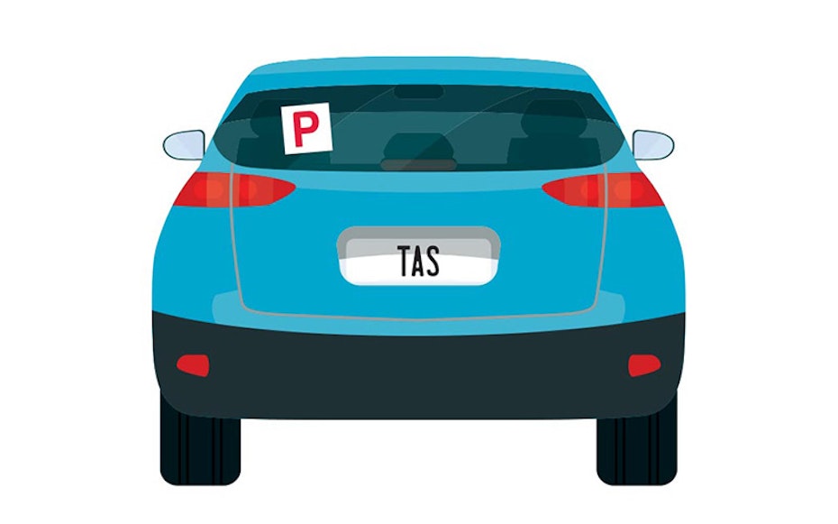 Vector image of little blue car with TAS number plates and a P plate up on the back window.
