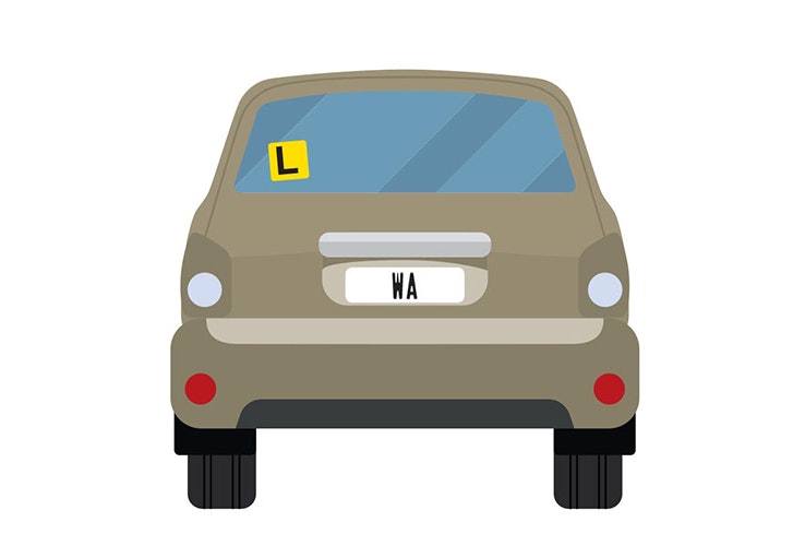 Vector image of little grey car with WA number plates and an L plate up on the back window.