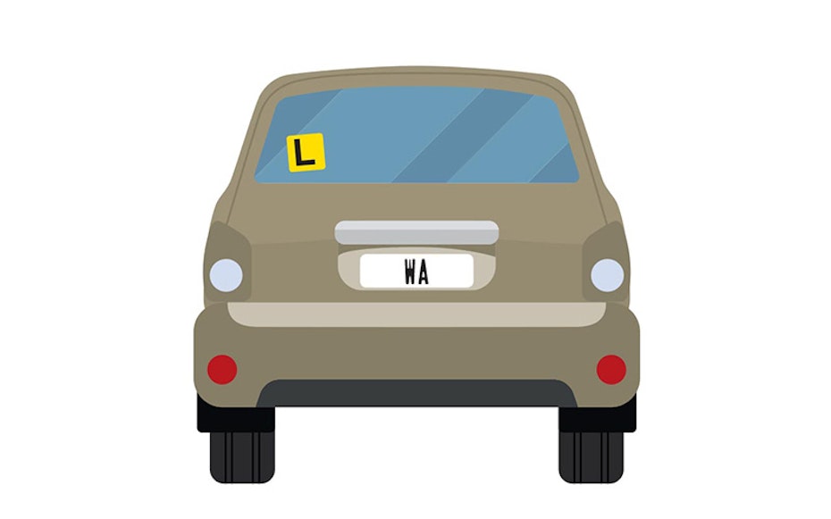 Vector image of little grey car with WA number plates and an L plate up on the back window.