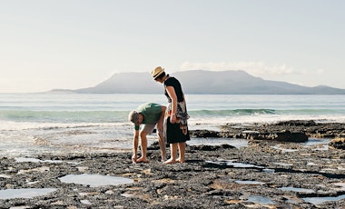 A young couple investigating rock pools on a beach